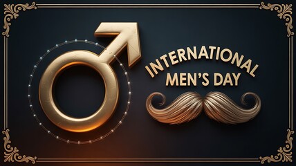 Celebrate international mens day with golden symbol and mustache on dark background
