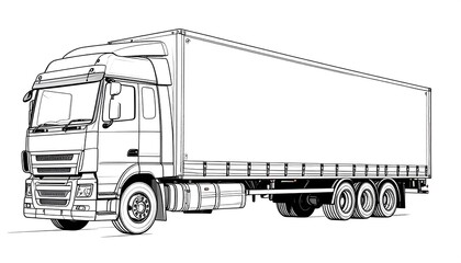 Line art illustration of a large articulated lorry, shown in profile, with a long trailer. The drawing style is clean, and rendered in black and white