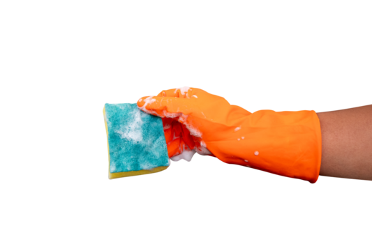 A hand wearing a rubber glove is holding a foamy sponge