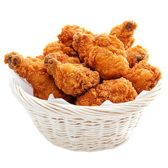Crispy golden fried chicken drumsticks in a woven basket Isolated transparent on white background
