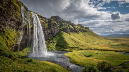 waterfall cascades down mossy green cliff