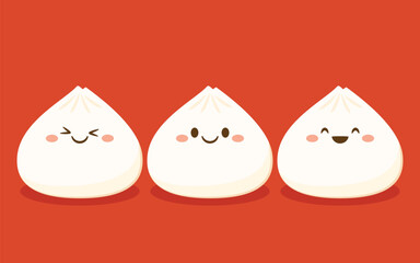 Cute Dim sum character, traditional Chinese dumplings, with funny smiling faces. Kawaii Asian food vector. Bao or Baozi cartoon vector.
