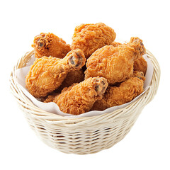 Crispy golden fried chicken drumsticks in a woven basket Isolated transparent on white background