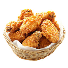 Crispy golden fried chicken drumsticks in a woven basket Isolated transparent on white background