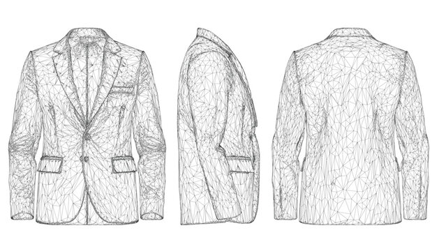 Three men's blazers in line drawing style on a white background. The left is a single-breasted blazer with a notched lapel, two buttons, and flap pockets.