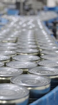 Green peas in cans on a conveyor belt in a canned food production facility