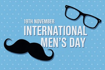 International mens day greeting card with mustache and glasses on blue background