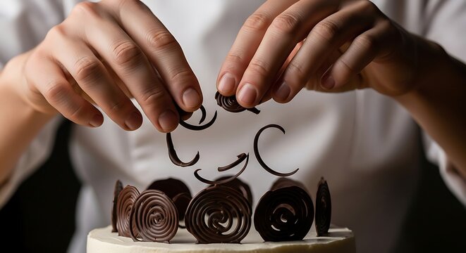 Exquisite chocolate curls elegantly adorning a delicious cake creation