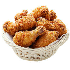 Crispy golden fried chicken drumsticks in a woven basket Isolated transparent on white background