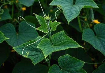 Lush, vibrant cucumber leaves and twisting vines growing in a fertile garden. Fresh green plant background texture for natural designs ,spring ,fertility ,vivid