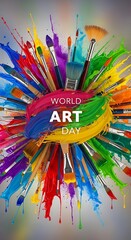Colorful art brushes and paint splatters celebrating world art day