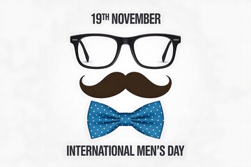 International mens day with glasses, mustache and bow tie isolated on white background