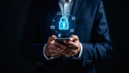 A person uses a secure mobile device with a digital padlock, illustrating online security and