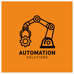 Vector logo design of a robotic arm holding a cogwheel, representing industrial automation, engineering, and manufacturing solutions. A flat line art icon for technology