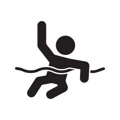 Drowning person icon, stick figure sinking in water, danger of drowning warning sign, emergency help pictogram.
