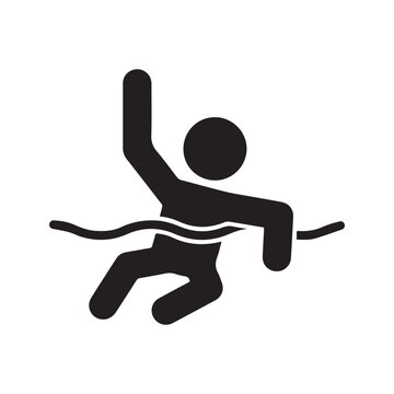 Drowning person icon, stick figure sinking in water, danger of drowning warning sign, emergency help pictogram.
