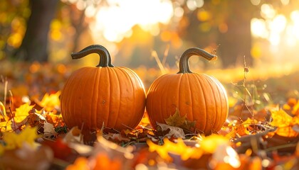 Two pumpkins amidst autumn leaves in a sunlit forest.