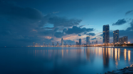 Fototapeta premium The skyline of the seaside city at night
