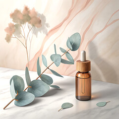 Soft contemporary still life with dropper bottle and eucalyptus leaves on textured surface illustration