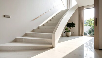 Fototapeta premium Interior view of a modern, minimalist staircase bathed in natural light. The design features a curved wall, wood handrail, and potted plant