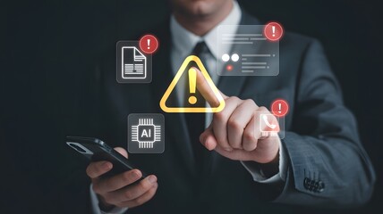 Business man interacting with digital alert notification system on screen