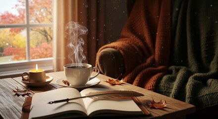Cozy autumn scene with coffee book candle and warm blanket near a window