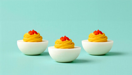 Three dimensional deviled eggs with pastel backdrop