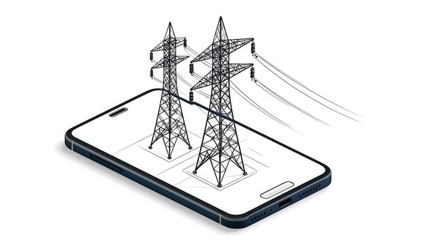 Isometric digital art showing two electricity pylons rising from a smartphone's screen, with their wires extending