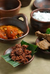 Gudeg or gudgeg is traditional food from Yogyakarta Indonesia. Gudeg is made from young jack fruit, stewed for several hours with palm sugar, spices and coconut milk.