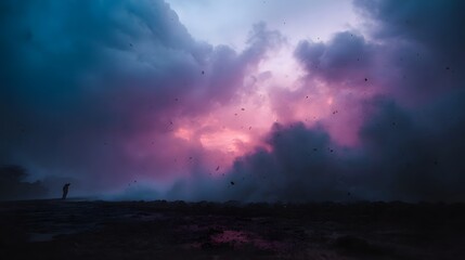 Fototapeta premium Solitary photographer captures dramatic twilight storm with flying debris