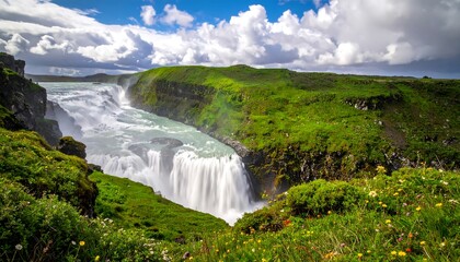 Lush landscape with a cascading waterfall, green hills, and dramatic cloudy sky in a natural environment