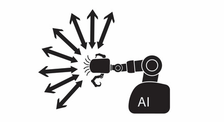 Robotic arm with AI technology distributing information and ideas with arrows