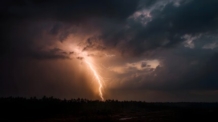 Dramatic lightning bolt strikes through dark storm clouds illuminating the sky and a silhouetted landscape