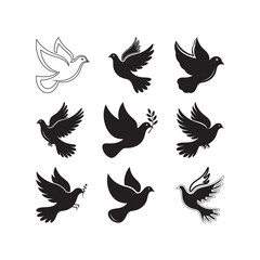 Black Dove of Peace Silhouette Vector Illustration, White Background.