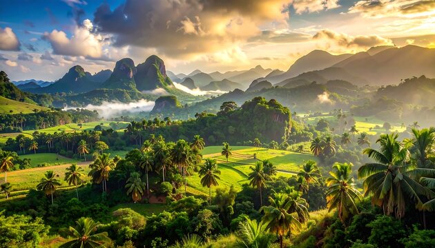 Lush, vibrant landscape with rolling hills, palm trees, and dramatic cloud formations. Golden sunlight bathes the valley
