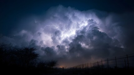 A powerful lightning strike illuminates a dramatic storm cloud formation at dusk with a solitary figure silhouetted in the distance