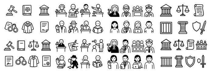 Legal justice icons set with diverse characters