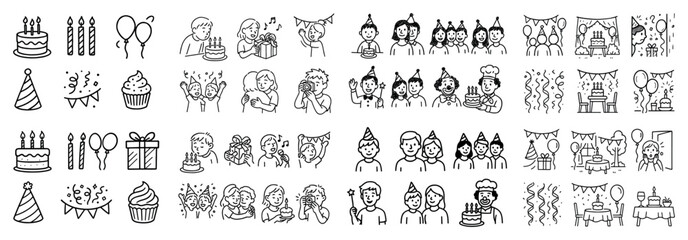 Hand-drawn birthday celebration doodle collection