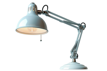 Adjustable desk lamp with a light blue finish illuminates a workspace beautifully on transparent background