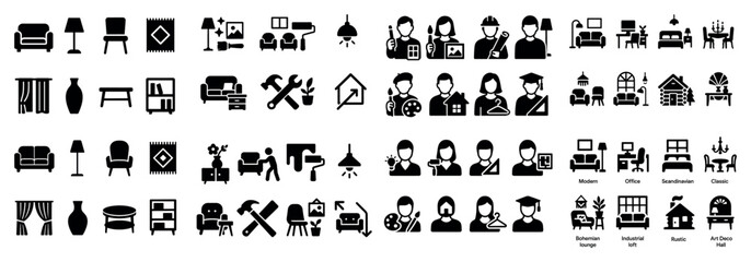 Diverse home and office icons in black and white