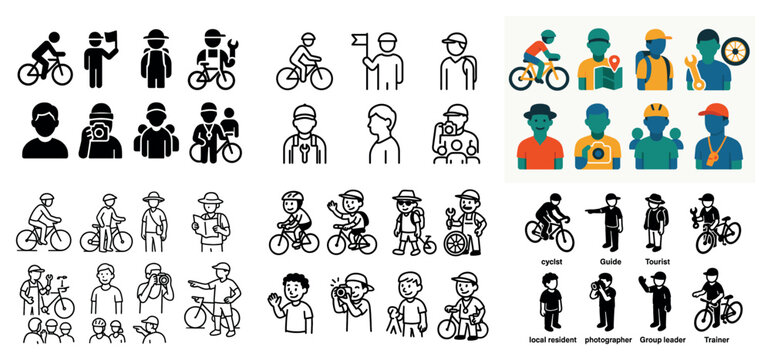 Icon set: cyclists, photographers, tourists, guides