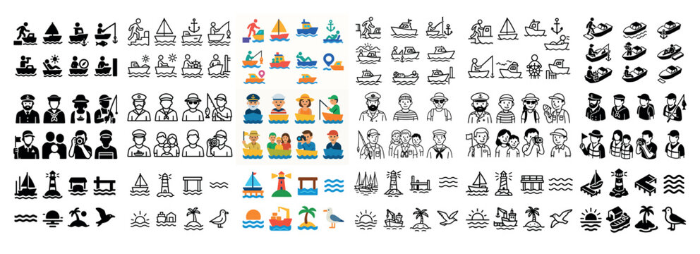 Nautical icons and figures in varied styles