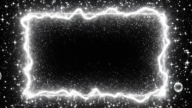 Glowing Neon Energy Border Frame with Bubbles and Stars, Electric Sparkle Effect
