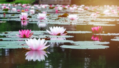 Beautiful lotus flower with a green leaf in the pond. A lotus water lily blooming on the water, magical spring,summer dreamy background