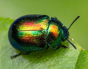 Macro photograph of a vibrant, iridescent beetle with a domed shell, resting on a green leaf. Details include antennae and eye structure
