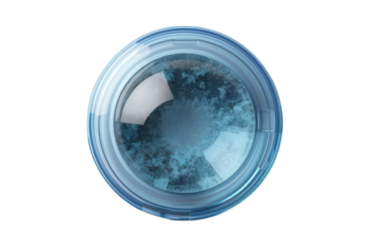 Top view of a round container with a textured blue surface against on transparent background
