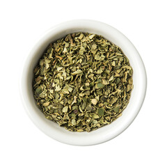 Dried chopped basil in white ceramic bowl Isolated transparent on white background