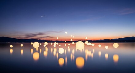 Floating luminaries reflecting on tranquil lake at picturesque twilight