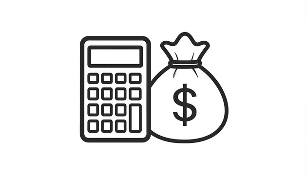Line art illustration showing a calculator and a money bag with a dollar sign against a white backdrop