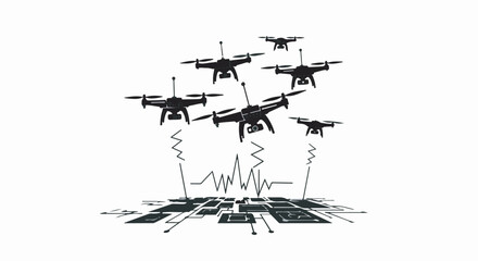 Swarm of drones communicating with a central network on a futuristic grid
